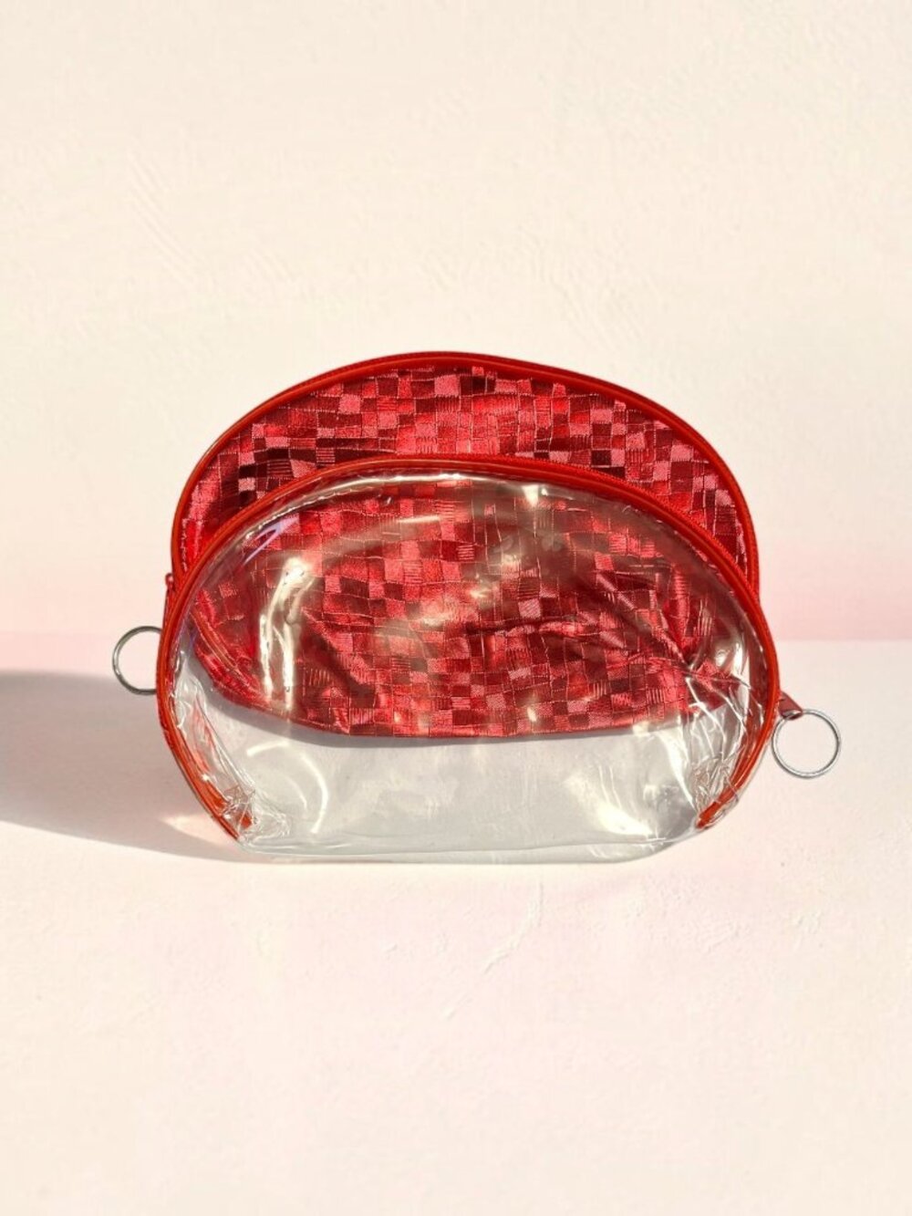 Red Metallic Look & Clear 2 Piece Large Zipper Cosmetic Bag Set